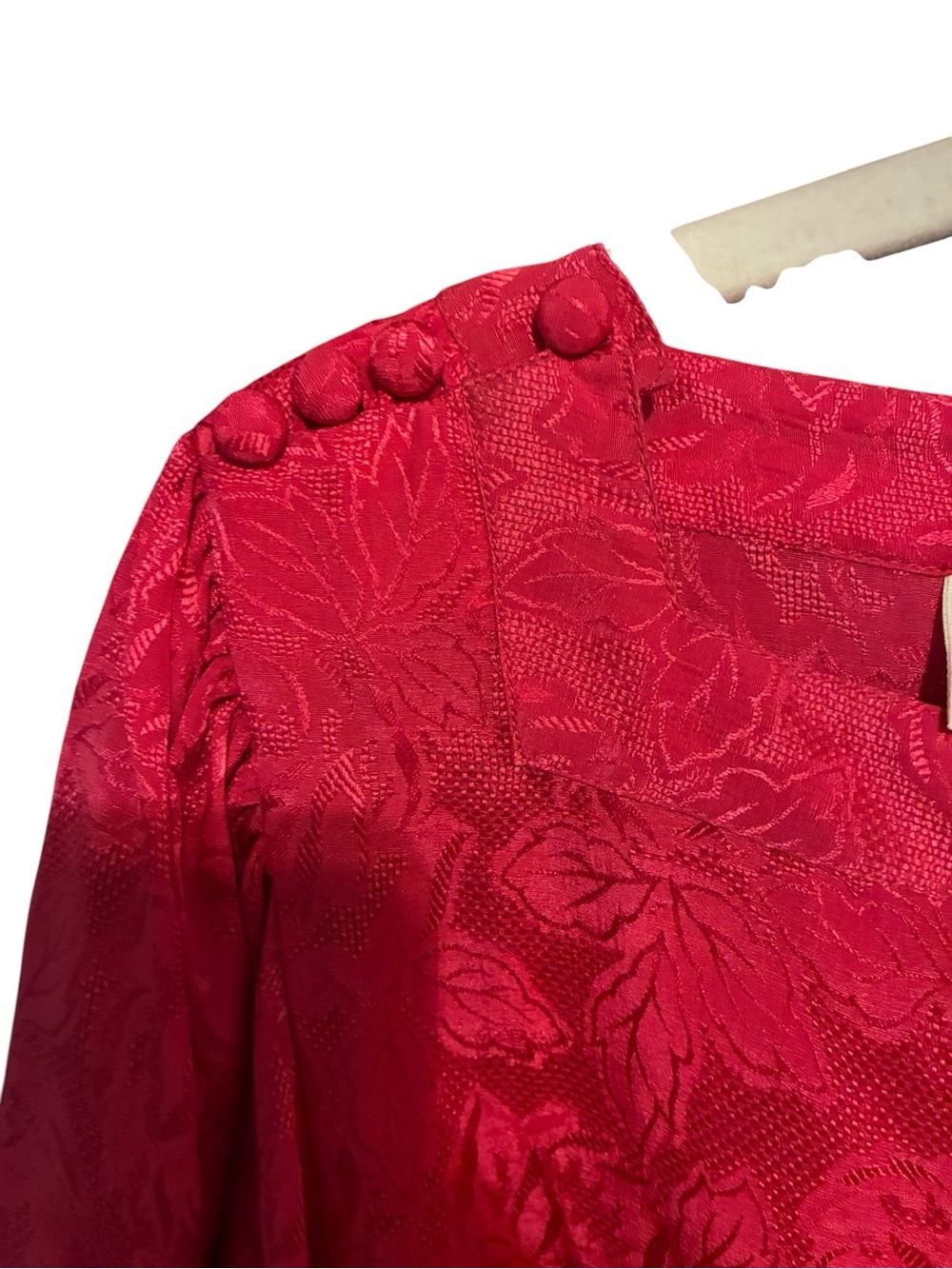 VTG 80s Disegni 100% Silk Red Floral Jacquard Midi Dress Puff Sleeve Belted 8 - Picture 10 of 11